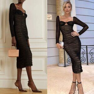 SELF-PORTRAIT Power Mesh Long Sleeve Midi Dress Black Crystal Embellished Cutout